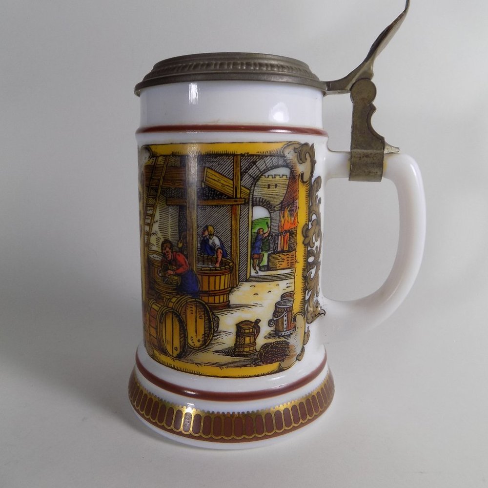 Vintage Original BMF Bierseidel Beer Stein Milk Glass West Germany German Lidded